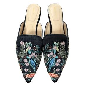 Alberta Ferretti Embroidered Embellished Black Multi-Color Floral Mules Size 39